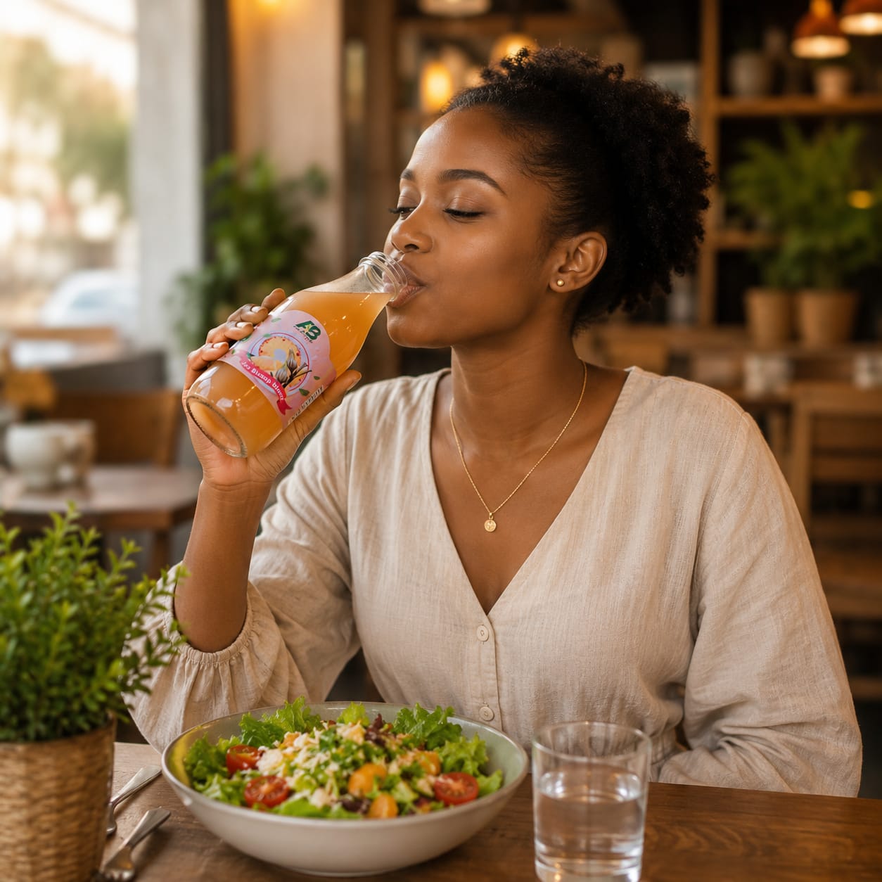 Femme savourant un jus AwA Bio Foods